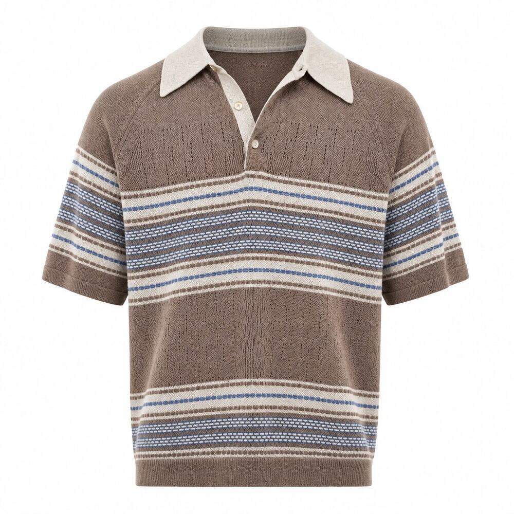 Vintage 60s 70s Donegal Coleseta Knit Polo Shirt Dagger Collar Brown Striped M